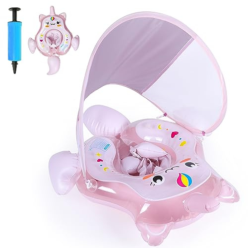 NYOBABE Unicorn Baby Swimming Float for 6-36 Months,Inflatable Baby Pool Float with Anti-Flip Tail&UPF50+ Sun Canopy,Baby Swimming Ring for 6 9 12 18 24 36M Infants,Adjustable Baby Float Ring Pink(S)