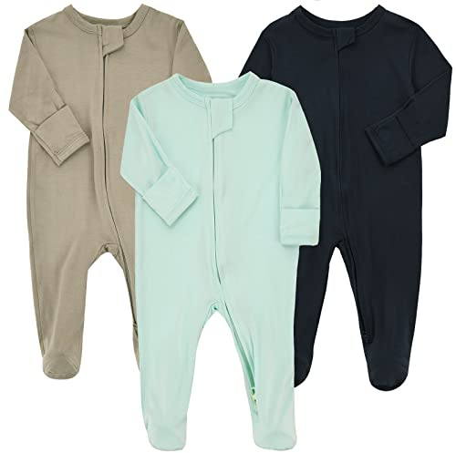 Aablexema Baby Pajamas Bamboo Rayon Zipper, 3pcs Unisex Infant Outfit with Mitten One Piece Footie Sleepwear(Navy & Mint & Coffee,0-3m)