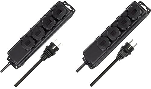 Brennenstuhl Steckdosenverteiler IP44 4-Fach (Steckdosenleiste für den Baustelleneinsatz und den ständigen Einsatz im Freien, 2m Kabel) schwarz (Packung mit 2)