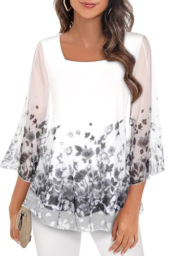 Syphiby Blusas de mujer con manga de 3/4, volantes, estilo túnica, sueltas, de gasa, cuello cuadrado, de doble capa, de malla, M-3XL, Blanco floral., XXL