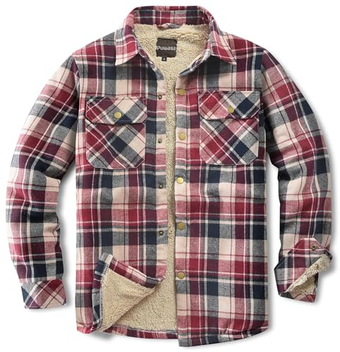 Puwasa Men's Sherpa Lined Cotton Flannel Shirt Jacket Plaid Button Up Jacket Coat for Men with Pocket Red Large