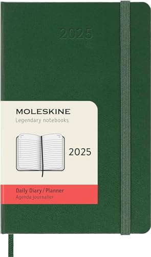 Moleskine Daily Planner, 12-Month Daily Agenda 2025, Hard Cover and Elastic Closure, Myrtle Green Color, Pocket Format 9x14 cm