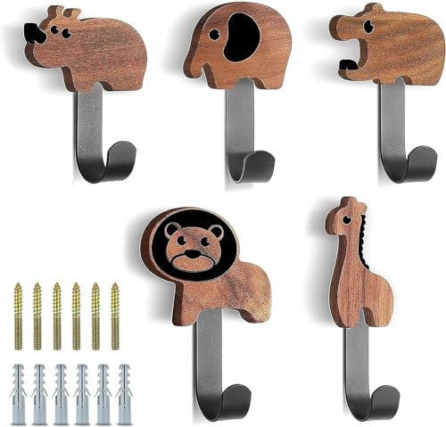 Lnjya Garderobenhaken Kinder 5 Stück, Kleiderhaken Kinder Tier Holz Wandhaken, Kindergarderobe Holz Haken Kinderkleiderhaken für Kinderzimmer, Babyzimmer Deko