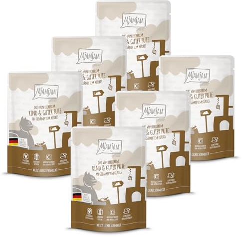 MjAMjAM - Nourriture humide premium pour chats - Quetschie - DUO de bœuf délicieux et dinde savoureuse accompagné de courge à l’étuvée, pack de 6 (6 x 300g), sans céréales avec un supplément de viande