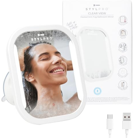 STYLPRO Anti-Fog Bathroom Mirror: Heated, LED Lighting, Secure Suction, Squeegee Included. Makes Shaving, Cleansing, and Washing in Shower Easy. Water-Resistant, Rechargeable, Sleek Design.
