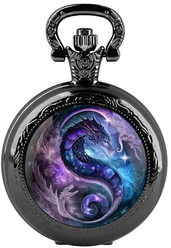 Teeamone Purple Dragon Design Glass Dome Exquisite Small Black Quartz Pocket Watch with Arabic Numerals Dial and Chain Ideal Gift for Any Occasion