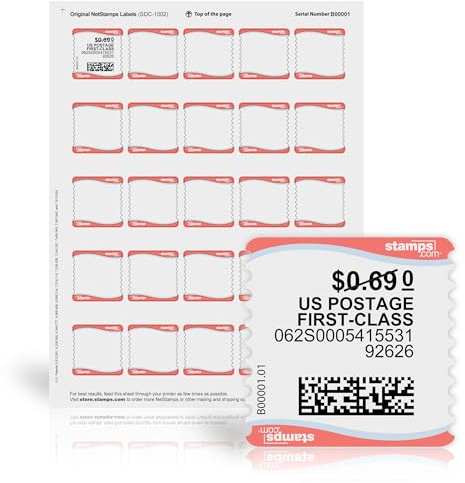 NetStamps Printable Postage Stamps (Stamps.com Subscription Required) – Print Custom USPS Postage at Home – Compatible with Inkjet & Laser Printers – Not Pre-Paid Stamps (50 Sheets)
