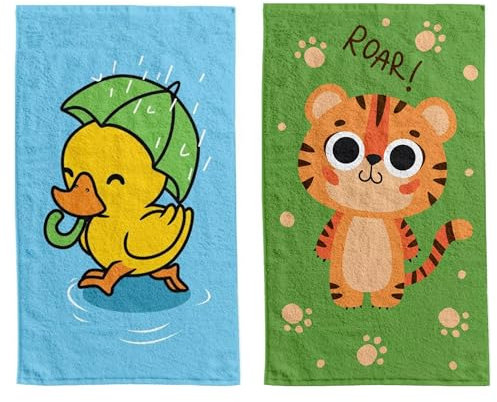damaloo 2X Kinderhandtuch 30x50cm mit Tiger Motiv aus Baumwolle - Händetuch für Jungen – Ente Gästehandtuch Set - Gesichtstuch klein - Kleiner Waschlappen 30x50 cm - Kinder Handtuch für Mädchen