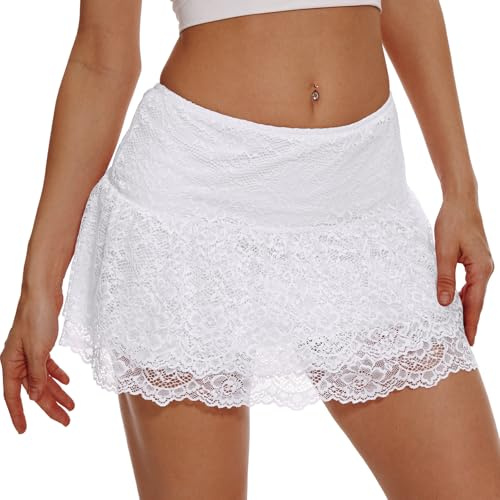 Eisnnu Mini Jupe en Dentelle pour Femmes Y2K Elastic Waist Layered Ruffled A Line Short Skirt for Out Streetwear,Club, Party (FR/ES, Alpha/Lettres, S, Taille Normale, Taille Normale, Blanc)