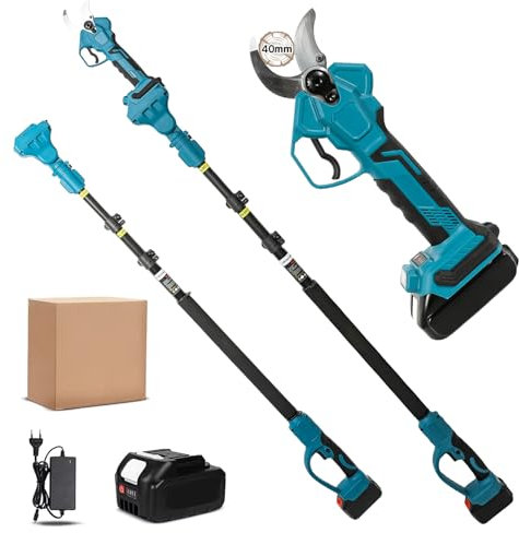 Tijeras De Podar Electricas 40mm, Con Pértiga Extensible 2,5M: Tijeras de Podar Bateria con 1 x 5,0 Ah batería, 1000W Motor sin Escobillas y 3 patrones de longitud: 1,6 m, 2,2 M, 2,8 M
