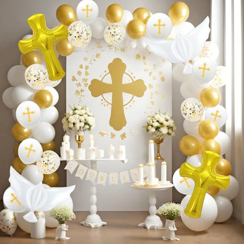 Longwu första nattvarden dekorationer, 105 st Gud välsigna vitguld dop ballonger girlang bågsats med korsduva ballonger för baby shower dop fest bekräftelse dekorationer