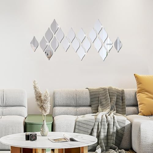 ASSRECT 20 stycken spegelplattor väggspegel 20 x 10 cm, droppform självhäftande spegel, akrylspegel väggdekoration för hem vardagsrum sovrum väggmålning soffa TV bakgrund (silver)