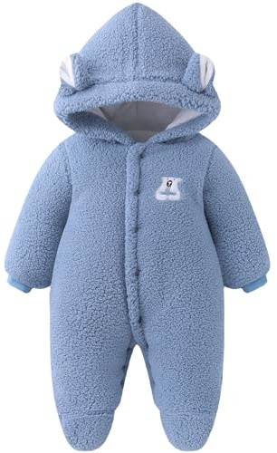 JiAmy nyfödd baby snödräkt fleece vinter snödräkt, björn med huva sparkdräkt tecknad baby flickor pojkar kläder kläder 0-18 månader, BLÅ, 3-6 Månader