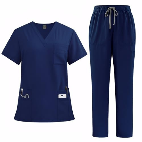 Meichoon Medical Overalls Suit Women's Scrubs Set with V Neck 8 Pockets Top Adjustable Waist Pants Year Round DK77Dark Blue XL