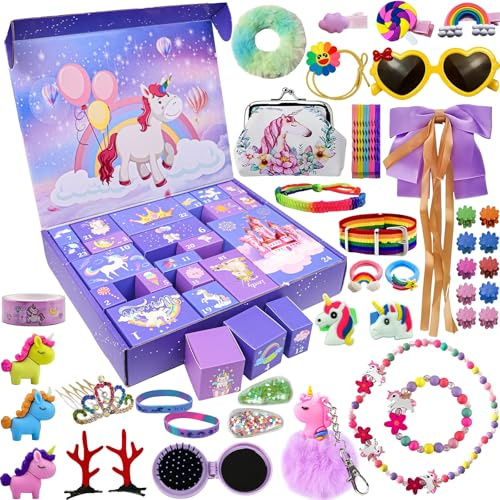 Calendrier de l'Avent licorne fille 2025, 24 jours de cadeaux surprises, cadeau licorne pour enfants, filles, accessoires de cheveux, pinces à cheveux, bracelets, portefeuille