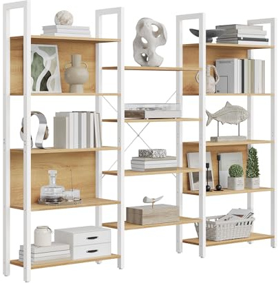 VASAGLE Libreria, Scaffale Portaoggetti, con 14 Ripiani, Struttura in Metallo, Soggiorno Studio Ufficio, Stile Industriale, 24 x 158 x 166 cm, Rovere Dorato e Bianco Opaco LLS107YA01