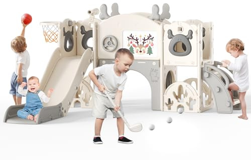 Scivolo per bambini con cesto da basket, scivolo tematico Alce, parco giochi per interni ed esterni, kit di gioco di arrampicata indipendente con scivolo per neonati (Beige Grigio-7 in 1)