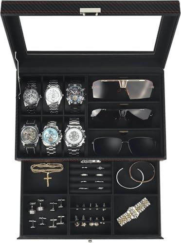 Boite a Bijoux Homme, Rangement Montres et Lunettes avec Grand Couvercle en Verre, 6 Emplacements et 2 Niveaux, Coffret Montre, Boîte à Montres avec Serrure, boite a montre homme, Idée Cadeau -Noir
