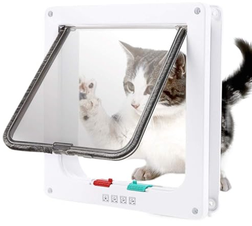 Safety Pet Sliding Door with 4 Way Lock, Cat Flap Cover,Weatherproof & Security Pet Door for Interior Exterior Door Window Wall Two-Way Entry and Exit Cat Door Dog Flap (White,M)
