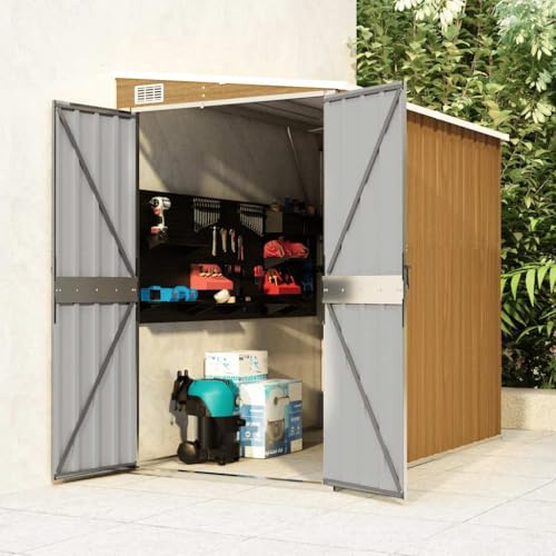 Casetta da giardino in metallo marrone, 118x194x178 cm, in acciaio zincato, con pavimento e tetto estensibile, ricovero per legna da ardere e attrezzi da giardino