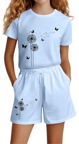 Conjunto de ropa deportiva para niñas, ropa deportiva para niños, traje de entrenamiento, ropa casual de verano de manga corta para niñas, conjunto de camiseta, top, bolsillo, pantalones cortos (Azul
