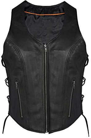 Ladies womens solid soft leather biker motorcycle vest black concealed carry (L, Black)