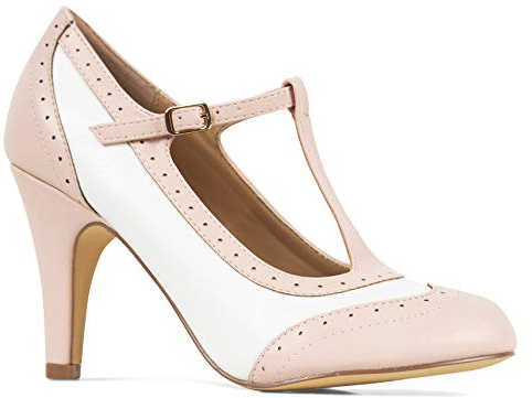 J. Adams Tango Heels for Women - Pink & White Faux Leather Retro Pumps - 8