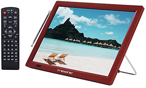 Trexonic Portable Rechargeable 14 Inch LED TV with HDMI, SD/MMC, USB, VGA, AV in/Out and Built-in Digital Tuner, Red