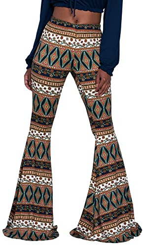 Nuofengkudu Dam Vintage Tryckta Långa Utsvängda Byxor Hög Midja Stretchiga Vida Ben Yogabyxor, GYLLENE, M extra lång