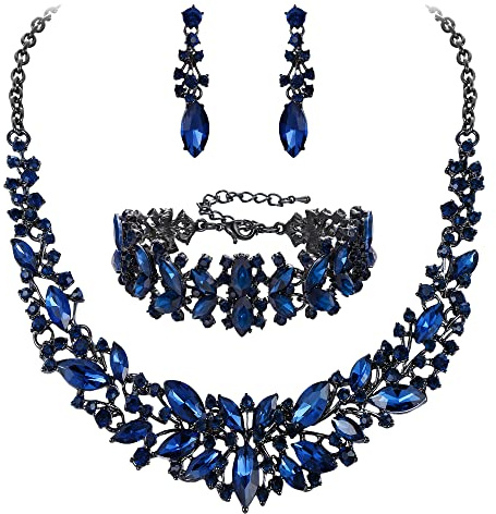Clearine Parure Bijoux Mariage Cristal Oval Cluster Collier Boucles d'oreilles Bracelet Ensemble pour Femme Mariée 3PCS Bleu Ton Noir