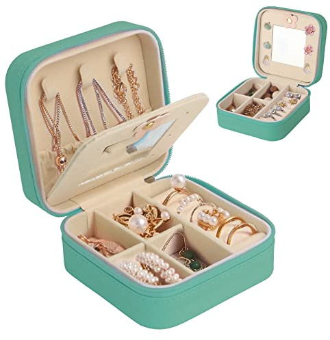 talifoca Portagioie da Viaggio con Specchio Porta Gioielli per Donne Ragazze, Porta Orecchini Organizeri in Pelle PU, per Orecchini Anelli Catene (Verde)