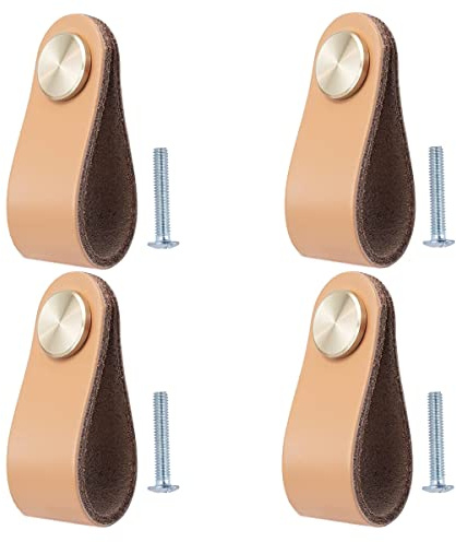 Möbelhandtag i läder, 6,4 x 2,5 cm, handgjorda handtag, möbelhandtag i läder, skåpknappar, skåpknoppar för köksskåp, skåp (4, gul)
