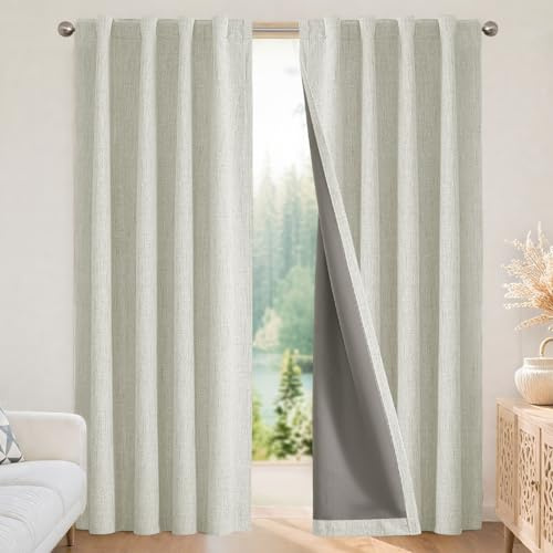 Joydeco Tende oscuranti al 100% lunghe 274 cm, 2 pannelli, in lino, per camera da letto e soggiorno, isolamento termico, con tasca per asta (94 x 274 cm, beige chiaro)