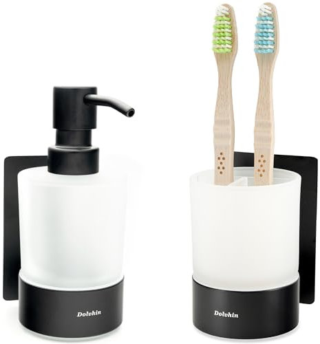 Dolvhin Seifenspender und Zahnputzbecher Set | Milchglas Handseifenspender & Zahnbecher | Edelstahl Zahnputzbecherhalter ohne Bohren | Wandseifenspender zum Kleben | Badezimmer Set | Schwarz Matt