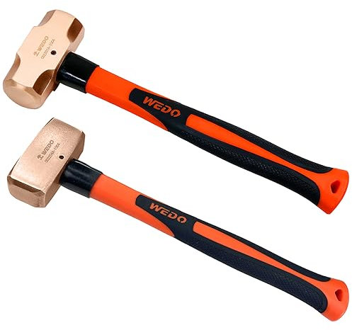 WEDO Set di 2 martelli in rame, martello da 1,8 kg + martello da mazza da 1,8 kg, set di martelli in rame con manico in fibra di vetro, forgiatura, resistente alla corrosione, standard DIN