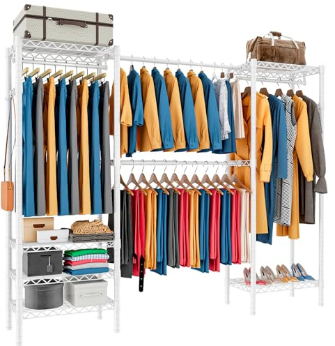 KZOBYD Expandable Wardrobe and Closet Organizer, Freestanding Clothes Rail with 6 Storage Shelves Heavy Duty Garment Rack with Double Hanging Rods Wardrobe Clothing Rack with Side Hooks (White)