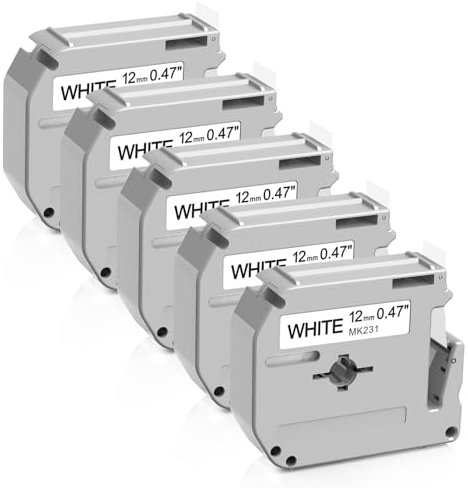 Aken 5 x Kompatibel M-K231 12mm 0.47 Schriftband für Brother P-touch MK-231 M-K231S Schwarz auf Weiß Bänder für Brother PT-M95 PT-65 PT-60 PT-90 PT-55 PT-70BM PT-75 PT-85 PT-BB4