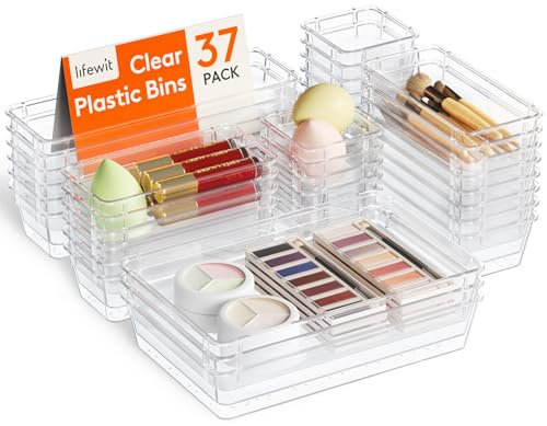 Lifewit 37 Stücke Schubladen Organizer aus klarem Kunststoff, Schreibtisch Schubladenteiler, Tabletts, Kommode Aufbewahrungsboxen Trennbox für Make-up, Schmuck und Gadgets, Schlafzimmer, Bad, Büro