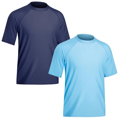 TIZAX 2 Pezzi Maglietta Anti UV da Nuoto Uomo Costume da Bagno a Manica Corta UPF 50+ Protezione Solare Rash Guard T-Shirt da Bagno Asciugatura Rapida Blu Marino+Blu Chiaro 3XL