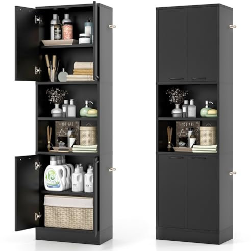 GIANTEX Badschrank Hochschrank, Badezimmerschrank 190 cm Hoch, Badkommode Aufbewahrungsschrank 6 Regalen & 4 Türen, Mehrzweckschrank Sideboard Küchenschrank Vorratsschrank 56x30x190 cm (Schwarz)