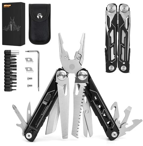W&H Multitool Werkzeug, Edelstahl Fahrrad Multitools, Faltbares Messer mit Nylontasche,Karabiner,Spitzzange Kabelschneideräge,Flaschenöffner,Schraubendreher für Outdoor-Aktivitäten