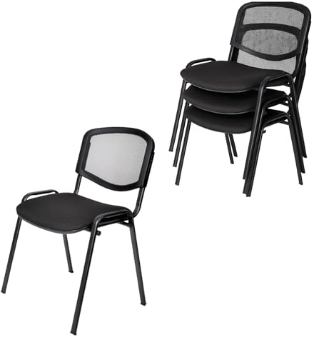 Topsit Lot de 4 Chaises Visiteur, chaises de conférence pour Salle d'attente, empilable, avec Assise rembourée et Dossier en résille Noire, Structure en métal, pour Reception, Pause…