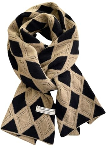 HULKAY Women's Winter Plaid Scarf - Black and White, 180cm x 35cm, Acrylic, Gift for Women (Camel)