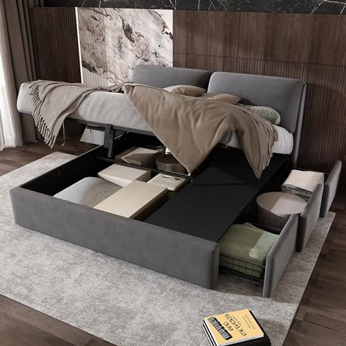 BTM King Size Storage Bed Frame with 3 Drawers, 150 x 200 cm Kingsize Bed, Upholstered King Size Bed Frame with Headboard, Grey Velvet