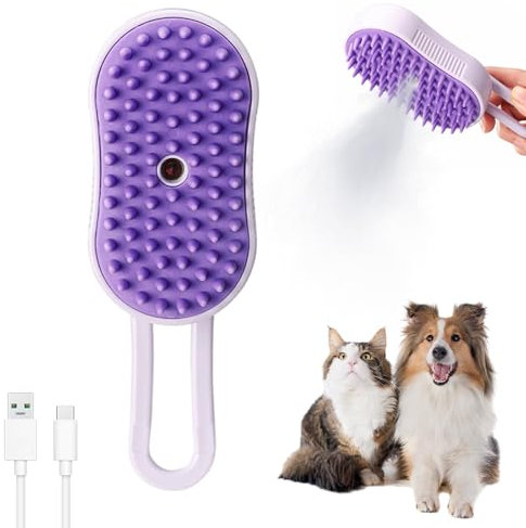 Katzenbürste mit Dampf, 2025 Neu Steamy Cat Brush, 3-In-1 Dampfbürste Katze Selbstreinigende Zupfbürste mit Einem Knopf Massage Steamer Kamm Hundebürste für Langhaar Kurzhaar Katzen Hunde (1PC)