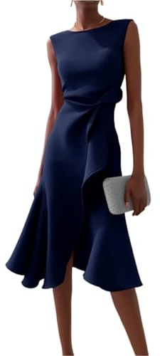 Juankrynord Vestido de mujer con cuello redondo sin mangas con volantes cintura alta ajustado estilo A para fiesta cóctel midi sexy sin mangas espalda descubierta A-line (Azul marino,M)