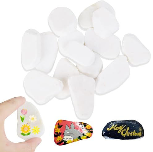 12 Stück Steine zum Bemalen Flach, Weiß Glatte Kieselsteine, 3-8cm Große Dekosteine, Gemalter Naturstein Kieselsteine für Bunte Malerei, Garten Aquarien Dekoration