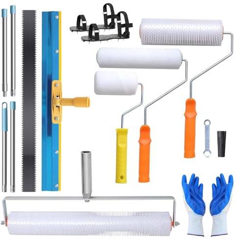 Self Leveling Cement Tool Kit-Epoxy Floor Tools Includes 21.5-67 Adjustable Telescopic Poles, Self-Leveling Concrete Spiked Roller,Painter Rollers,Epoxy Spike Shoes and Stainless Steel Scraper Rake