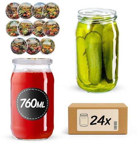 KADAX glasburkar set 760 ml med fi82 mm skruvlock, stora gurkburkar med Twist Off lock, glasburkar, glasburkar för gurkor, konkokburkar, skruvglas (grönsaksfält, 24 stycken)