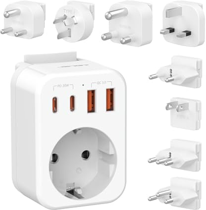 JSVER Reiseadapter Weltweit Set,Internationaler Reisestecker mit USB C(PD 20W), Typ A/C/G/B/I/M/L/J Stecker Steckdosenadapter mit 4 USB für USA/Italien/Schweiz/Europa/UK/Südafrika/Japan/AUS-Weiß